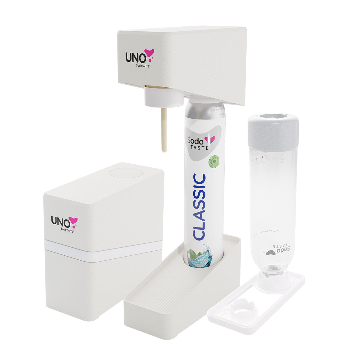 SodaTASTE Wassersprudler SodaTASTE UNO Wassersprudler Set inkl. Flasche & CO2-Zylinder, (Wassersprudler, CO₂-Zylinder, 1-Liter-Wasserflasche, Abtropfhalterung), Kompatibel mit Standard-Drehgewinde