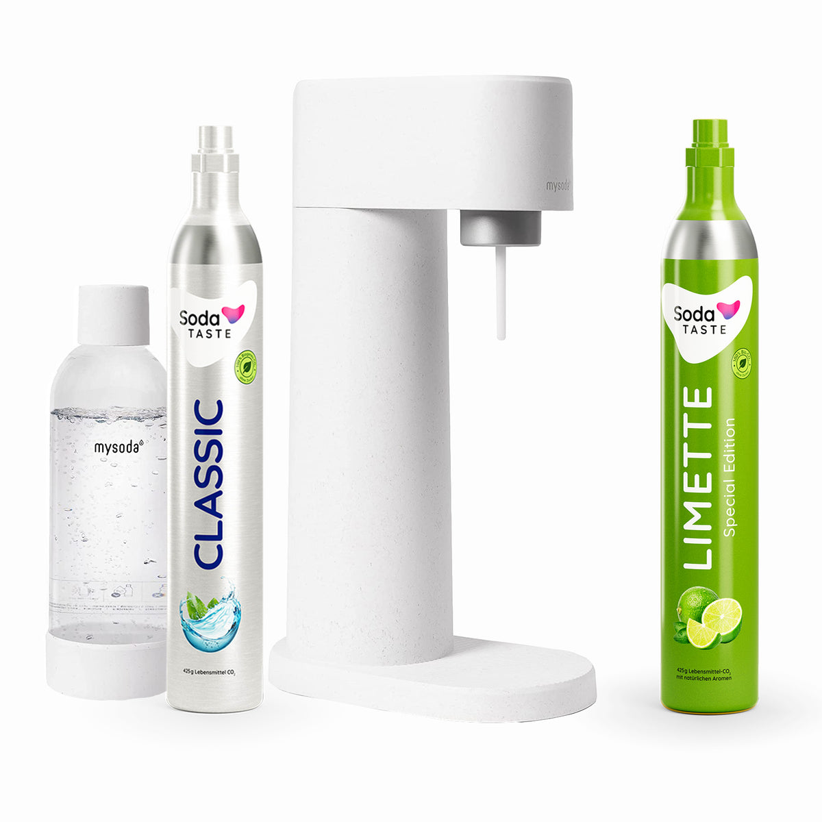 SodaTASTE Wassersprudler SodaTASTE Sparangebot: Woody Wassersprudler Weiß + CO2-Aroma Zylinder, Biokomposit-Sprudler, 2x CO2 (1x Aroma), 1L Flasche, stromlos
